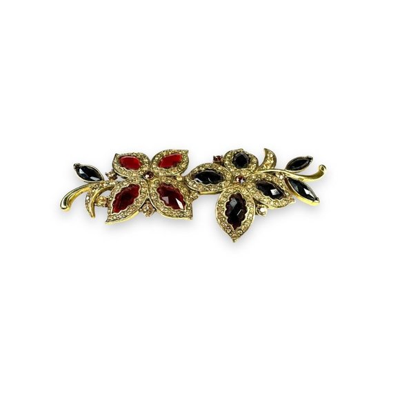 Monet Gold Tone Red Crystal Flower Leaves Brooch Vintage 3 3/4” x 1 1/2” - Picture 2 of 9